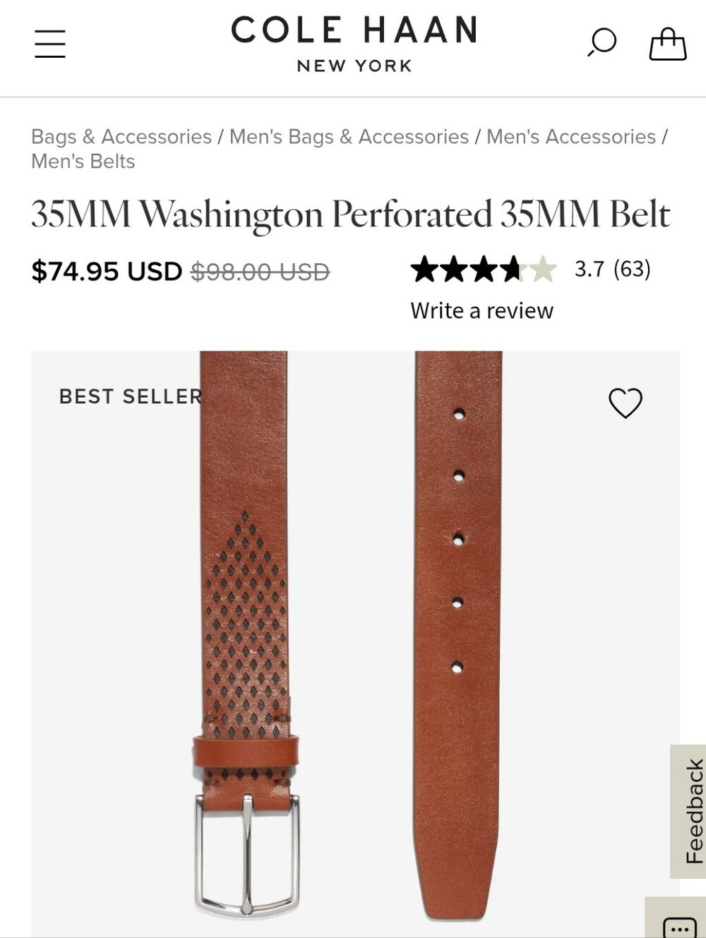 MEN'S COLE HAAN WASHINGTON PERFORATED BROWN LEATHER BELT SILVER BUCKLE 40